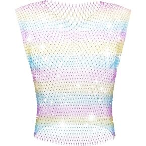 Rhinestone Mesh Top Men Fishnet Tank Top Sexy V-Neck Sleeveless Cropped Shirt Rave Sheer Vest