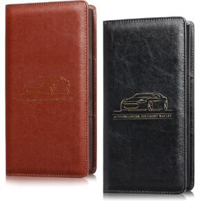 Frienda 2 Pcs Car Registration and Insurance Card Holder, PU Leather Auto Vehicle License Document Glove Box Organizer for Driver License with Magnetic Closure(Black, Brown with Logo)