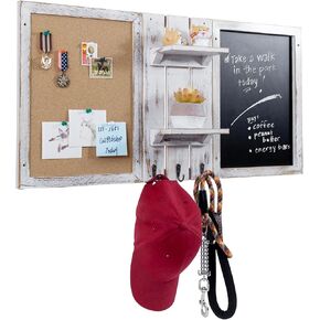 MyGift Wall Mounted Shabby White Washed Wood Entryway Bulletin Board Combo Set with Chalkboard, Cork Board, 2 Storage Display Shelves and 3 Key Hooks, Family Command Center Wall Organizer