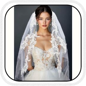 Latious Lace Bride Wedding Veils White 2 Tier Bridal Tulle Veil Fingertip Veils with Comb for Brides and Women