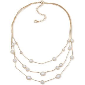 Anne Klein 16 "قلادة ذهبية ولؤلؤة تتميز بقطر أمامي متعدد الصفوف ، لهجات اللؤلؤ ، 3" موسع ، وإغلاق قفل جراد البحر