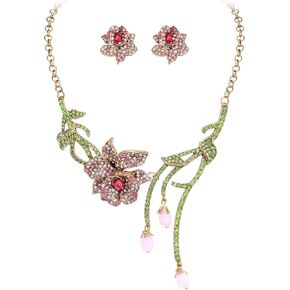 EVER FAITH Rhinestone Pink Flower Collar Necklace, Faux Beaded Spring Rose Leaf Statement Choker Necklaces Stud Earrings for Women, Fashion Boho Party Prom Jewelry Accessories
