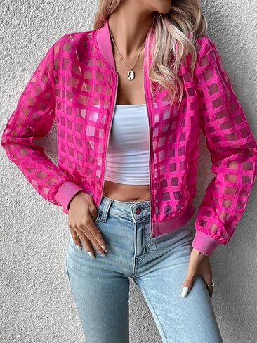 Floerns Women's Hollow Out Long Sleeve Baseball Collar Zip Up Bomber Jacket in Saudi Arabia