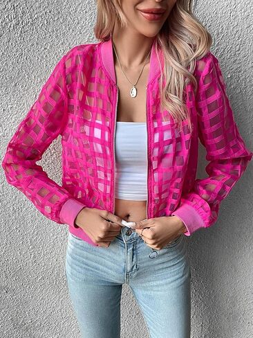 Floerns Women's Hollow Out Long Sleeve Baseball Collar Zip Up Bomber Jacket in Saudi Arabia