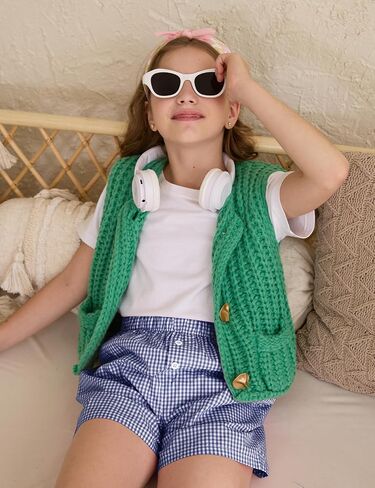 Pehmea Girls 2 Pack Cotton Shorts ، Kids Plaid Print Elastic Weist Disual Short Summer Beach Bants مع جيوب لمدة 5-12 سنوات in Saudi Arabia
