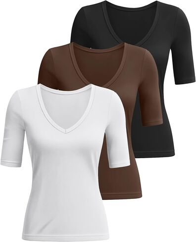 Ficerd 3 Pack Women's Half Sleeve V Neck T Shirts, Mid Elbow Length Sleeve Shirt Slim Fit Tunic Top Casual Summer Tee in Kuwait