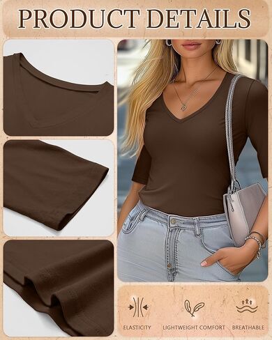 Ficerd 3 Pack Women's Half Sleeve V Neck T Shirts, Mid Elbow Length Sleeve Shirt Slim Fit Tunic Top Casual Summer Tee in Kuwait
