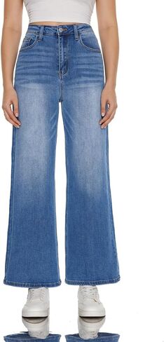 ONESO High Waisted Stretchy Women Wide Leg Jeans Buckle Baggy Pants Underwear Lady Trouser in Kuwait