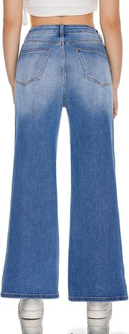ONESO High Waisted Stretchy Women Wide Leg Jeans Buckle Baggy Pants Underwear Lady Trouser in Kuwait