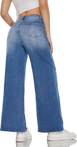 ONESO High Waisted Stretchy Women Wide Leg Jeans Buckle Baggy Pants Underwear Lady Trouser in Kuwait