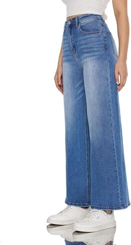 ONESO High Waisted Stretchy Women Wide Leg Jeans Buckle Baggy Pants Underwear Lady Trouser in Kuwait