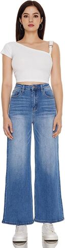 ONESO High Waisted Stretchy Women Wide Leg Jeans Buckle Baggy Pants Underwear Lady Trouser in Kuwait