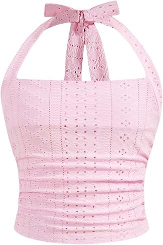 Floerns Girl's Eyelet Embroidery Sleeveless Halter Vest Solid Ruched Crop Tank Top in Saudi Arabia