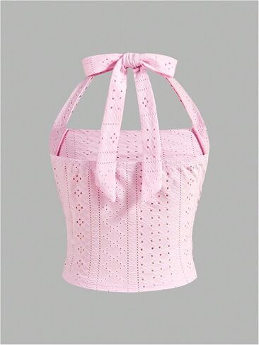 Floerns Girl's Eyelet Embroidery Sleeveless Halter Vest Solid Ruched Crop Tank Top in Saudi Arabia