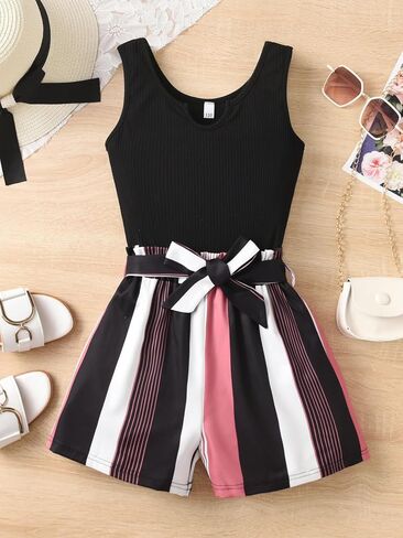 Girl Print Leopard Shorts Romper Notched Neck Sleeveless Jumpsuit 6-14 Years in Saudi Arabia