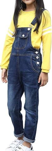 3-14 Years Kids Big Girls Jumpsuits & Rompers Distressed Bib Denim Overalls Blue Long Jeans Stretchy Ripped Jeans in Kuwait