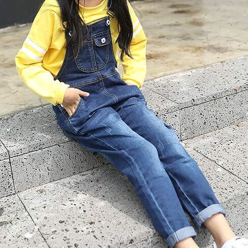 3-14 Years Kids Big Girls Jumpsuits & Rompers Distressed Bib Denim Overalls Blue Long Jeans Stretchy Ripped Jeans in Kuwait