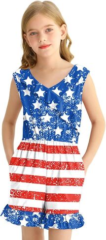 BesserBay Girl's 4th of July Sleeveless American Flag Romper Memorial Day Ruffle Trim Jumpsuits 6-14 Years in Saudi Arabia