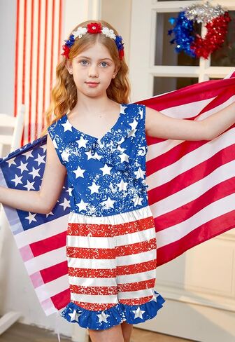 BesserBay Girl's 4th of July Sleeveless American Flag Romper Memorial Day Ruffle Trim Jumpsuits 6-14 Years in Saudi Arabia