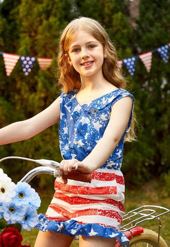BesserBay Girl's 4th of July Sleeveless American Flag Romper Memorial Day Ruffle Trim Jumpsuits 6-14 Years in Saudi Arabia