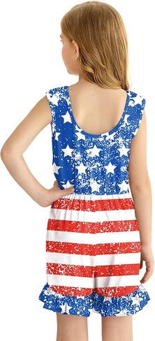 BesserBay Girl's 4th of July Sleeveless American Flag Romper Memorial Day Ruffle Trim Jumpsuits 6-14 Years in Saudi Arabia