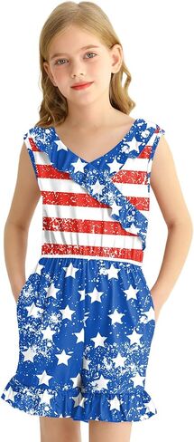 BesserBay Girl's 4th of July Sleeveless American Flag Romper Memorial Day Ruffle Trim Jumpsuits 6-14 Years in Saudi Arabia