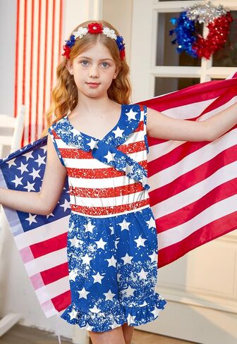 BesserBay Girl's 4th of July Sleeveless American Flag Romper Memorial Day Ruffle Trim Jumpsuits 6-14 Years in Saudi Arabia