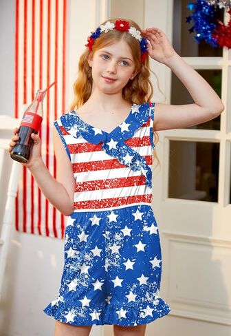 BesserBay Girl's 4th of July Sleeveless American Flag Romper Memorial Day Ruffle Trim Jumpsuits 6-14 Years in Saudi Arabia