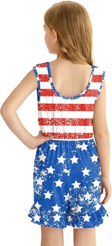 BesserBay Girl's 4th of July Sleeveless American Flag Romper Memorial Day Ruffle Trim Jumpsuits 6-14 Years in Saudi Arabia