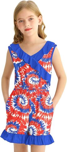 BesserBay Girl's 4th of July Sleeveless American Flag Romper Memorial Day Ruffle Trim Jumpsuits 6-14 Years in Saudi Arabia