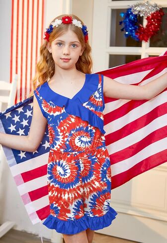 BesserBay Girl's 4th of July Sleeveless American Flag Romper Memorial Day Ruffle Trim Jumpsuits 6-14 Years in Saudi Arabia