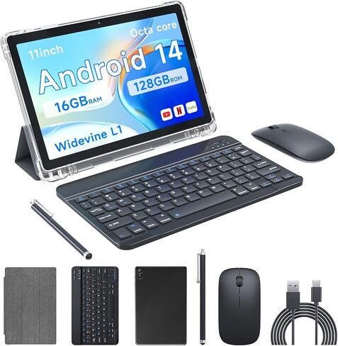 Tablet 11 inch Android 14 Tablets with Keyboard, 16GB RAM 128GB ROM 512GB Expandable Tablet PC, IPS Screen, 5+13MP HD Camera, 5G WiFi, BT 5.0, 8000 mAh Google Certified Tableta. in Saudi Arabia