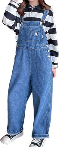 3-14 Years Kids Big Girls Jumpsuits & Rompers Distressed Bib Denim Overalls Blue Long Jeans Stretchy Ripped Jeans in Kuwait