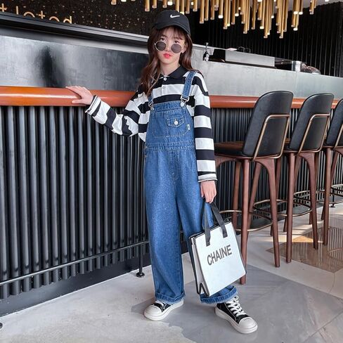 3-14 Years Kids Big Girls Jumpsuits & Rompers Distressed Bib Denim Overalls Blue Long Jeans Stretchy Ripped Jeans in Kuwait