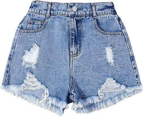 GORGLITTER Girl's Ripped Distressed Jean Shorts Raw Hem High Waist Straight Leg Denim Shorts in Saudi Arabia
