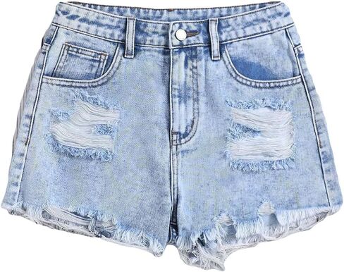 GORGLITTER Girl's Ripped Distressed Jean Shorts Raw Hem High Waist Straight Leg Denim Shorts in Saudi Arabia