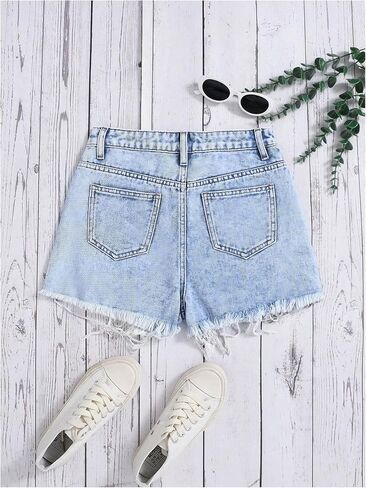 GORGLITTER Girl's Ripped Distressed Jean Shorts Raw Hem High Waist Straight Leg Denim Shorts in Saudi Arabia
