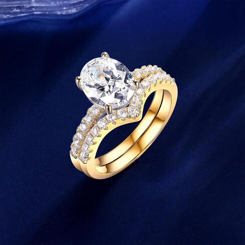 MDFUN 18K Yellow Gold Plated 7 * 9mm Oval Cubic Zirconia Two-in-One Wedding Band Engagement Promise Eternity Ring for Women in Saudi Arabia