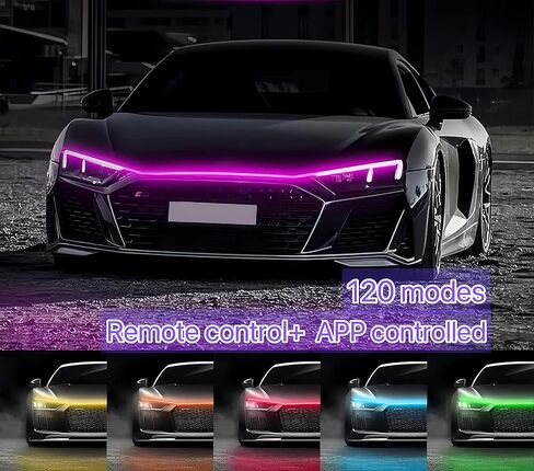 مصابيح غطاء محرك السيارة LED ، 120 مواد ذات ألوان متعددة (70 بوصة) 12 فولت ، قطاع مقعد السيارة الديناميكي ، مجموعة ضوء النيون متعدد الألوان لغطاء السيارة in Kuwait