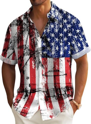 Mens Patriotic 4th of July Shirts Vintage Short Sleeve American Flag Print Hawaiian Bowling Casual Button Down Shirt in Kuwait