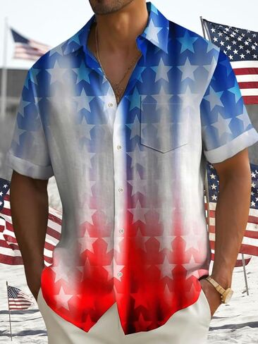 Mens Patriotic 4th of July Shirts Vintage Short Sleeve American Flag Print Hawaiian Bowling Casual Button Down Shirt in Kuwait