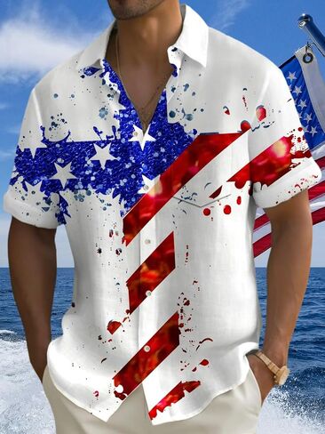Mens Patriotic 4th of July Shirts Vintage Short Sleeve American Flag Print Hawaiian Bowling Casual Button Down Shirt in Kuwait