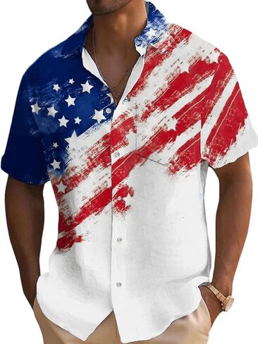 Mens Patriotic 4th of July Shirts Vintage Short Sleeve American Flag Print Hawaiian Bowling Casual Button Down Shirt in Kuwait