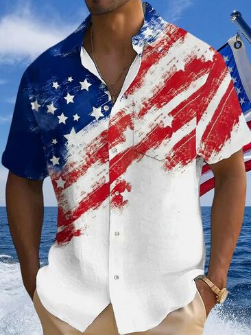 Mens Patriotic 4th of July Shirts Vintage Short Sleeve American Flag Print Hawaiian Bowling Casual Button Down Shirt in Kuwait