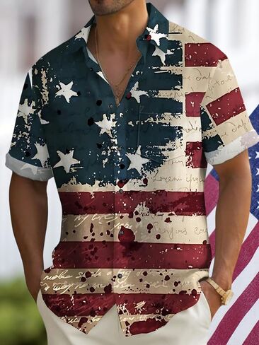 Mens Patriotic 4th of July Shirts Vintage Short Sleeve American Flag Print Hawaiian Bowling Casual Button Down Shirt in Kuwait