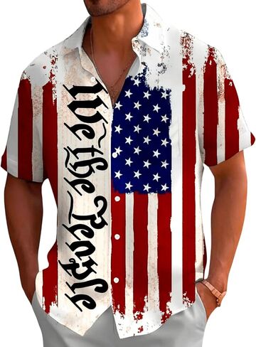 Mens Patriotic 4th of July Shirts Vintage Short Sleeve American Flag Print Hawaiian Bowling Casual Button Down Shirt in Kuwait