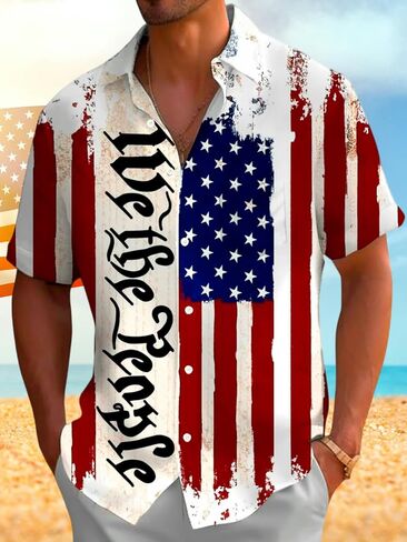 Mens Patriotic 4th of July Shirts Vintage Short Sleeve American Flag Print Hawaiian Bowling Casual Button Down Shirt in Kuwait
