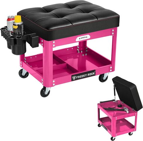 Rolling Mechanic Shop Stool with Wheels, Garage Mechanics Stool with 2 Layer Repair Tools Tray, Padded 360°Swivel Automotive Roller Creeper Seat Shop Chair, Heavy Duty, 330 LBS Capacity, Pink in Saudi Arabia