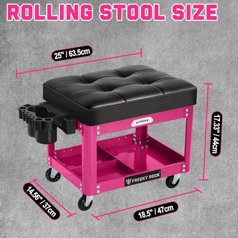 Rolling Mechanic Shop Stool with Wheels, Garage Mechanics Stool with 2 Layer Repair Tools Tray, Padded 360°Swivel Automotive Roller Creeper Seat Shop Chair, Heavy Duty, 330 LBS Capacity, Pink in Saudi Arabia