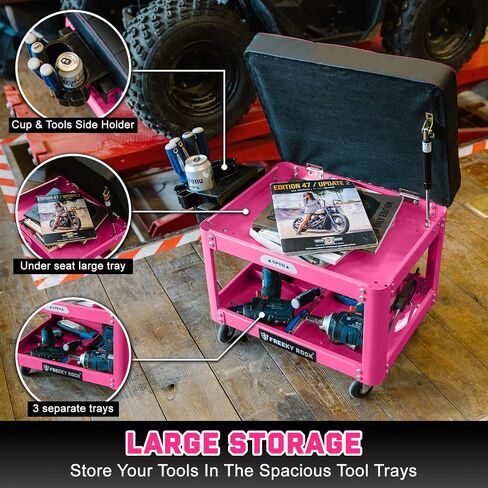 Rolling Mechanic Shop Stool with Wheels, Garage Mechanics Stool with 2 Layer Repair Tools Tray, Padded 360°Swivel Automotive Roller Creeper Seat Shop Chair, Heavy Duty, 330 LBS Capacity, Pink in Saudi Arabia